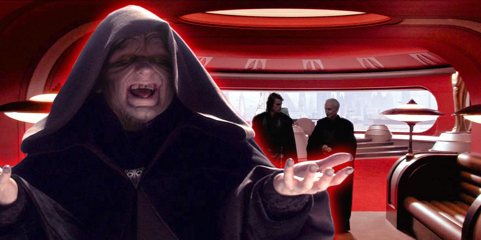 Palpatine and his red and black Sith themed senate office.